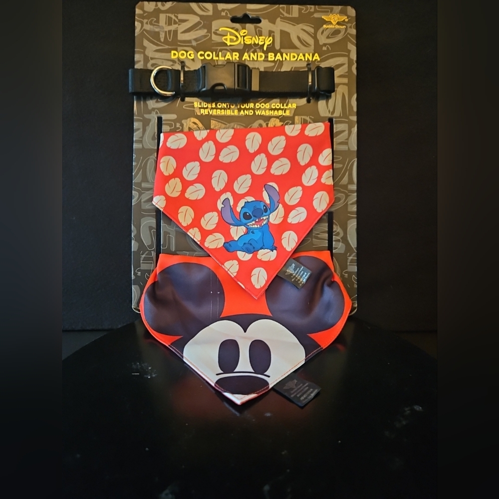 🆕️Disney Medium Dog Collar w/ Mickey Mouse‎ Stitch Bandanas Reversible Washable